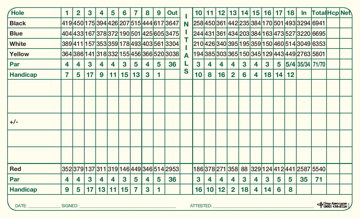 Rolling Green Golf Club Scorecard